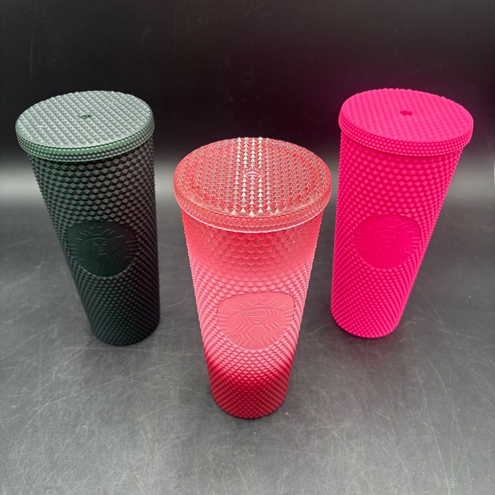 Starbucks Studded Tumbler Lot 3 Venti 24oz Pink Ombre Green Bling Cups No Straws